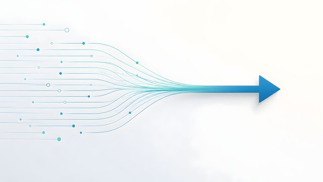 Abstract blue networking lines converging into a single arrow pointing forward symbolizing data integration and business progress.