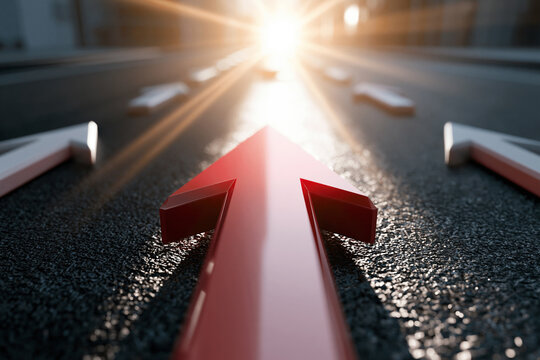 Bold Red Arrow Pointing Forward on Dark Surface with Glowing Horizon Background