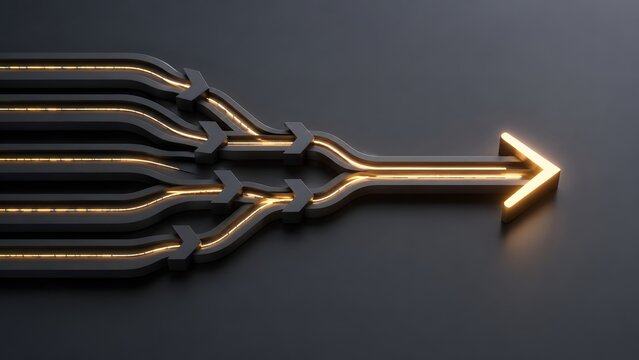 High tech dark channels with glowing neon light converging into a single golden arrow demonstrating digital data flow and futuristic networking.