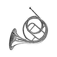 Detailed vintage hand drawn illustration of a french horn instrument with instrument illustration orchestra isolated monochrome engraving performance composition artistic creative detailed © JohnStock12