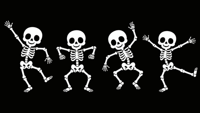 Dancing Skeletons in Halloween Night: Four playful skeletons are dancing with joy on a black background, suitable for Halloween decorations and spooky celebrations.