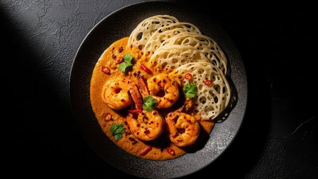 Prawn Curry with Roti Jala served on a dark plate