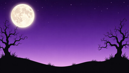 Fototapeta premium Spooky Halloween Night: A full moon illuminates a dark, star-studded purple sky above silhouetted bare trees and rolling hills, creating a mysterious and eerie atmosphere for Halloween.