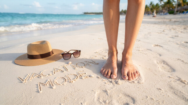 Vacation mode written in the sand on a tropical beach with a sun hat and sunglasses, legs of a woman standing nearby