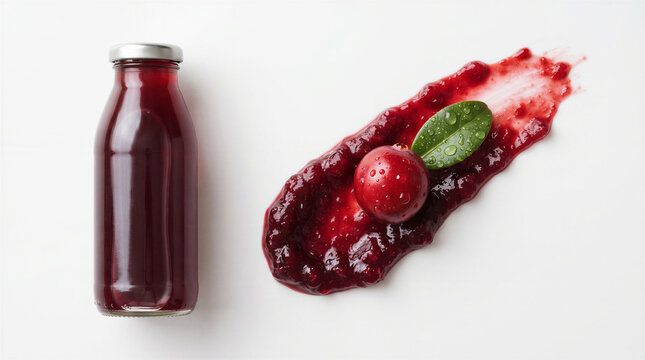 Fresh cranberry juice in a glass bottle next to a smear of cranberry sauce with a whole berry and a green leaf isolated on white background