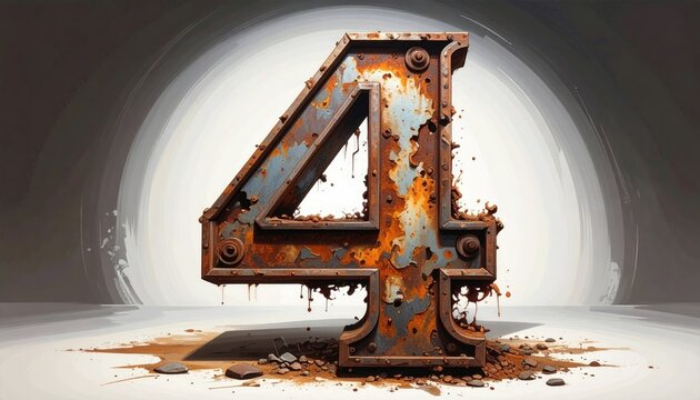 Rusty Number Four in Industrial Studio with Crumbling Texture
