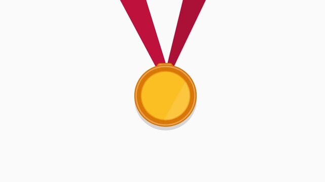 Gold Medal with Bright Shiny Surface, Central Emblem and Hanging Red Ribbon, Symbol of Victory, Achievement, Honor, Excellence, Reward and Recognition in Competitions and Success Moments