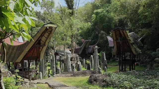 Bori Parinding megalithic site and traditional Tongkonan house in Tana Toraja, Indonesia