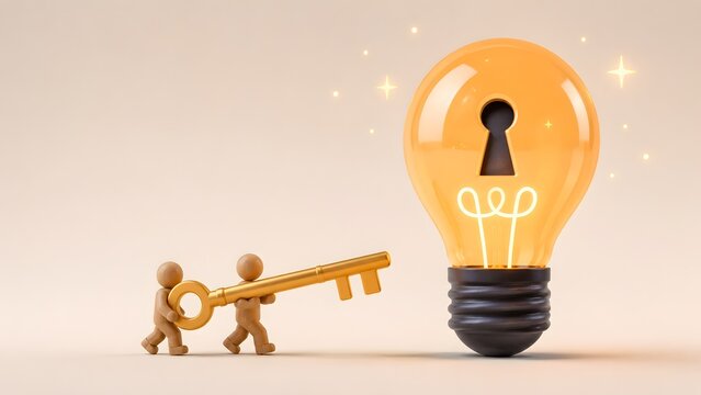 Two wooden figures carrying golden key towards bright glowing light bulb with keyhole teamwork and solution concept