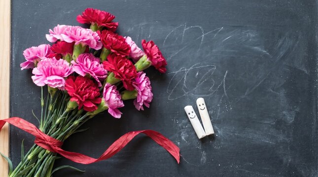 Beautiful bouquet of pink and red carnation flowers with a red ribbon and two pieces of chalk with happy smiling faces drawn on a dark black school chalkboard background texture