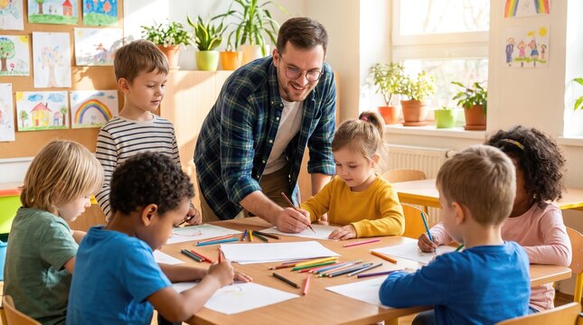 Friendly male teacher helping a diverse group of young children with their drawing and writing activities in a bright sunny elementary school classroom during a creative art lesson