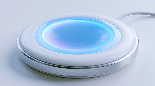 Wireless charging station with ceramic surface, Premium white technology background with glowing blue charging pad.