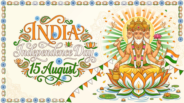 Celebratory illustration with flower surrounded patriotic holiday _ India  Independence Day - 15 AUGUST