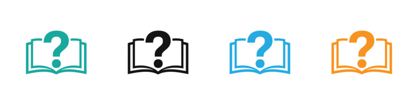 Open Book Question Mark Icon  with  Set &ndash; FAQ, Knowledge Base, Quiz, and Learning Line Art Vectors .