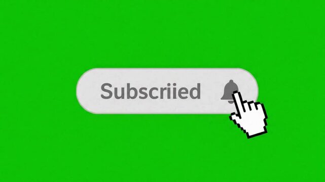 Red subscribe button clicked with hand cursor on green screen background click channel social