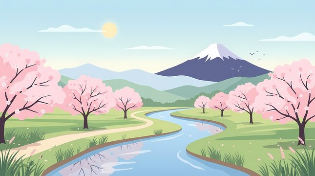 Beautiful Japanese spring landscape with blooming pink cherry blossom trees along a winding river reflecting the sky, leading to Mount Fuji under a bright sunny sky in flat vector illustration.