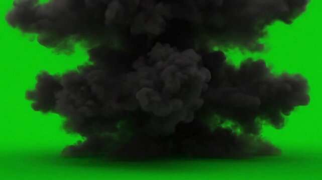 Fiery explosion with smoke and fireball isolated on green screen fire blast effect motion bomb
