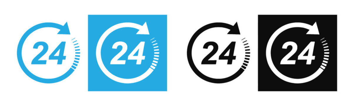 24 Hours Service Icon Vector  Set Featuring Circular Arrow Clock Designs in Blue Black Line Art and Inverted Square Badges for Nonstop Customer Support Open All Day Operation and Delivery Service .