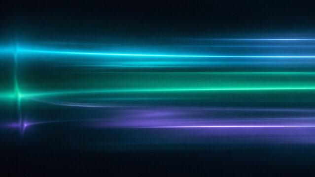 Abstract Glowing Horizontal Neon Light Streaks on Dark Technology Background with Copy Space