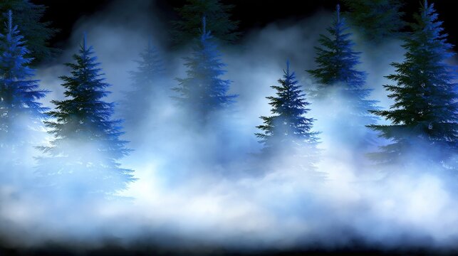 Mystical foggy pine forest with deep blue tint where thick white fog partially covers evergreen pine trunks creating mysterious moody dark woodland landscape