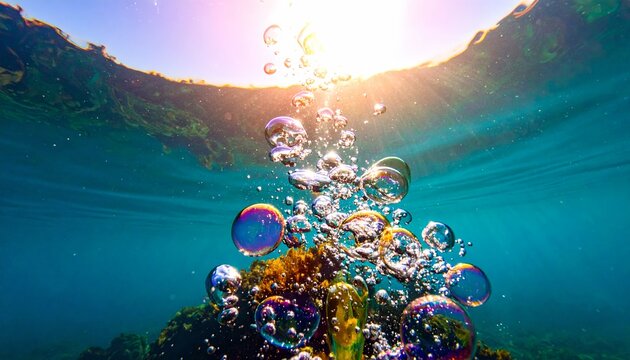 Underwater Bubbles and Sunlit Blue Waters Scene