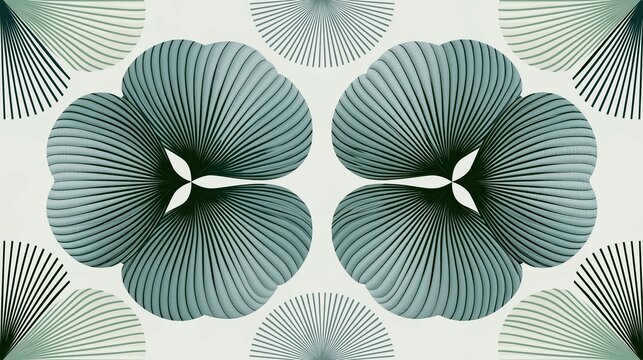 Abstract symmetrical decorative pattern with clover like fan shapes in muted teal and off white creating calming modern geometric background