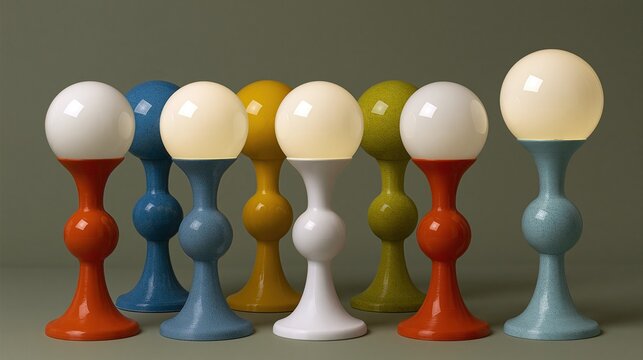 Neat row of colorful mid-century modern table lamps with spherical frosted glass shades and speckled ceramic bases arranged against muted green background showing retro home decor