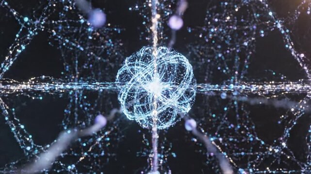 Glowing neural network visualization with interconnected synaptic nodes.