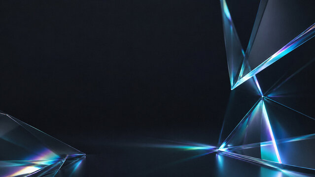 Abstract Iridescent Glass Crystal Corners on Dark Technology Background with Copy Space