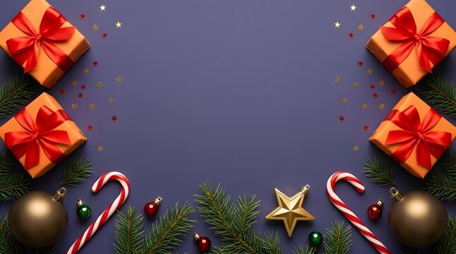 Elegant horizontal Christmas composition with red gift boxes placed at top corners and decorative ornaments, pine branches, and candy canes along the bottom edge on a dark navy blue background.