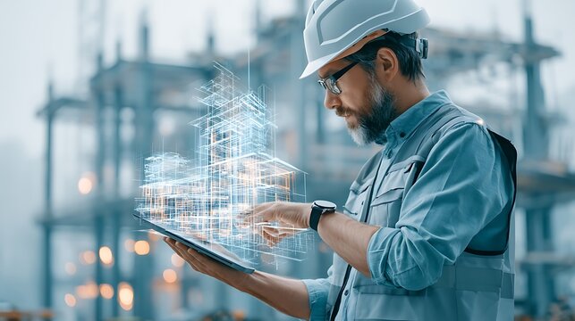 BIM civil engineer on construction site using augmented reality tablet to overlay building information model on actual structure under construction, steel frame visible behind, safety helmet 