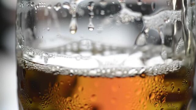 Close up view of a cold glass filled with golden beer