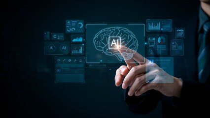 Fototapeta premium A Professional Businessman Interacting with a High-Tech Holographic Interface Representing Artificial Intelligence and Neural Network Data Analysis Processes