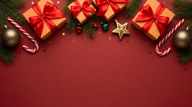 Festive top border arrangement with red gift boxes wrapped in satin ribbons, golden stars, dark baubles, candy canes, and pine twigs over a dark red backdrop.