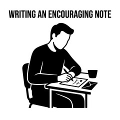 Naklejka premium Person Writing Encouraging Note at Desk Black and White Illustration.
