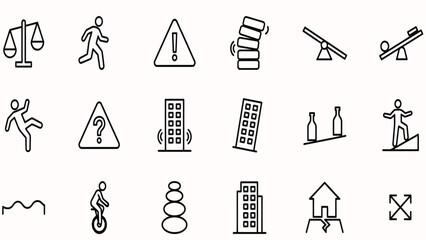 Balance and stability line icon set featuring scale falling man warning sign unicycle stacked stones tilting building and earthquake vector © ADEL SMITH