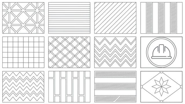 Geometric pattern line vector collection featuring grid diagonal stripe chevron grid mesh hard hat construction badge and floral motif swatches