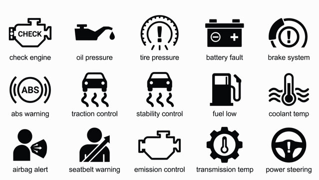 Car dashboard warning lights vector icon set including check engine oil pressure battery ABS airbag fuel and temperature indicator symbols