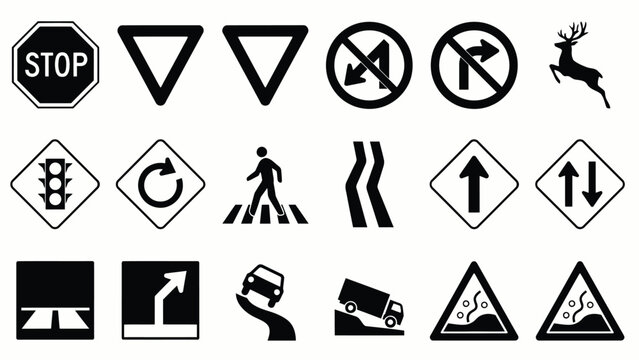 Traffic signs vector icon set featuring stop yield pedestrian crossing traffic light direction and road hazard solid black warning symbols
