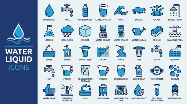 Comprehensive set of eighty-two fluid water and liquid droplet icons with editable stroke thickness, presented as minimalist blue vector outlines for modern interface and graphic web design.
