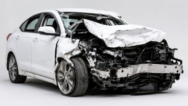 Car collision damaged sedan wrecked vehicle crumpled hood broken front white car auto accident front damage isolated background