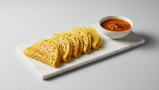 Golden Roti Jala with Peanut Sauce on Marble Platter