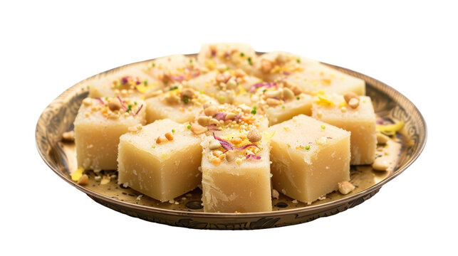 Square coconut barfi sweets on decorative plate with edible silver leaf isolated on white