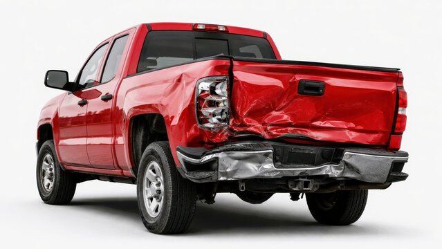 Rear view pickup truck damaged collision dented tailgate crumpled bumper isolated studio