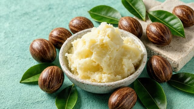 Bowl filled with raw shea butter surrounded by shea nuts and green leaves on a textured light green background, view of skincare ingredient