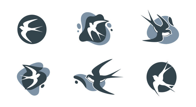 Vector swallow bird logo icons set with flying swallow silhouettes