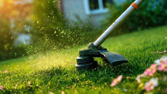 Close up of a string trimmer cutting green grass in a garden with flying grass clippings and sunlight in the background, during the daytime