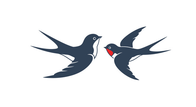 Minimalist Vector Illustration of Two Flying Swallows Facing Each Other Isolated on White Background