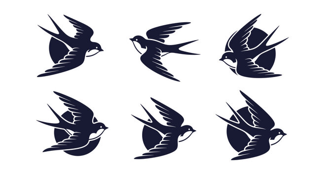 Set of flying swallow bird vector illustrations and silhouettes