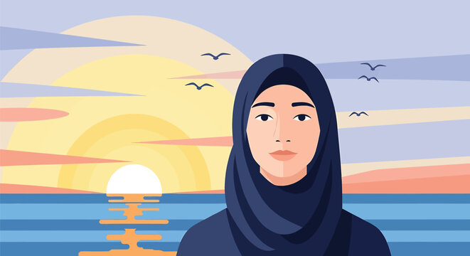 Muslim woman in hijab at sunset, serene middle eastern female portrait by the sea, flat vector illustration of modest woman on beach background